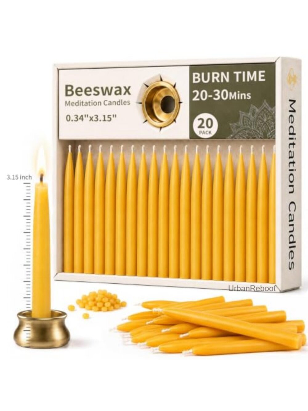 Beeswax Mini Taper Candles 20 Pack with Brass Holder 3.15 Inch